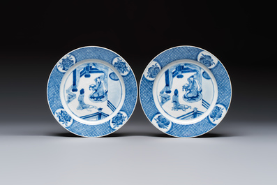 Five Chinese blue and white plates with narrative design, Chenghua mark, 19th C.