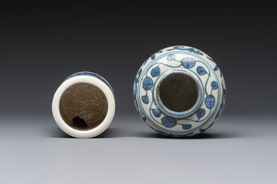 A Chinese Nanking water pot, a blue and white brush pot, a jarlet and a trick cup, Ming and later