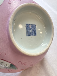 Three Chinese famille rose pink-ground bowls with floral design, Qianlong mark and of the period