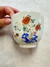 A Chinese famille rose 'Chicken' cup and a blue, white, and copper-red 'Li Tieguai' brush pot, Qianlong mark, 20th C.