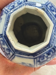A Chinese blue and white tea caddy, a teapot and an Imari-style teapot, Kangxi/Yongzheng