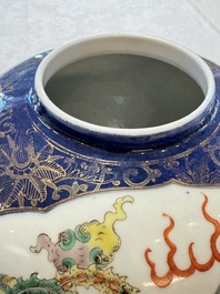 A Chinese famille verte gilt-decorated blue-ground 'Dragon and Phoenix' vase, Kangxi mark, 19th C.