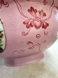 Three Chinese famille rose pink-ground bowls with floral design, Qianlong mark and of the period