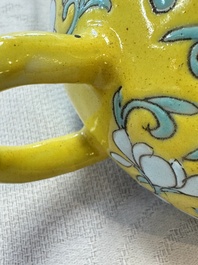 Three Chinese famille rose blue- and yellow-ground teapots and covers for the Straits or Peranakan market, Tongzhi marks, 19th C.
