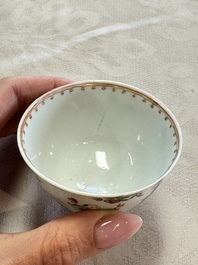 Three sets of Chinese famille rose 'Elegant Beauty and Boy' cups and saucers, Qianlong