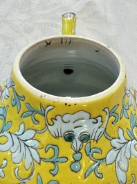 Three Chinese famille rose blue- and yellow-ground teapots and covers for the Straits or Peranakan market, Tongzhi marks, 19th C.