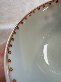 Three sets of Chinese famille rose 'Elegant Beauty and Boy' cups and saucers, Qianlong
