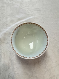 Three sets of Chinese famille rose 'Elegant Beauty and Boy' cups and saucers, Qianlong