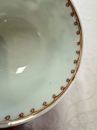 Three sets of Chinese famille rose 'Elegant Beauty and Boy' cups and saucers, Qianlong