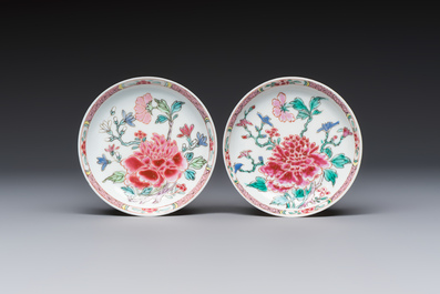 Four Chinese famille rose cups and saucers, Yongzheng/Qianlong