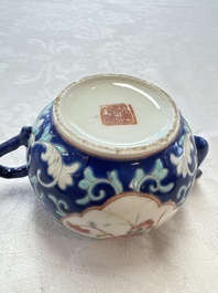 Three Chinese famille rose blue- and yellow-ground teapots and covers for the Straits or Peranakan market, Tongzhi marks, 19th C.