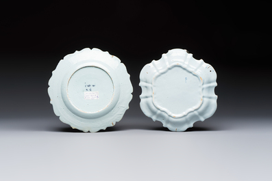 Two blue and white Dutch Delft lobed plates with floral design, 17/18th C.