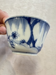 Six Chinese blue and white 'Scholar in a Garden' cups and saucers, Yongzheng