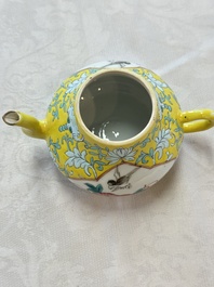 Three Chinese famille rose blue- and yellow-ground teapots and covers for the Straits or Peranakan market, Tongzhi marks, 19th C.