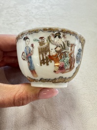 A fine Chinese Canton famille rose gilt-decorated cup and saucer with figural design, Yongzheng/Qianlong
