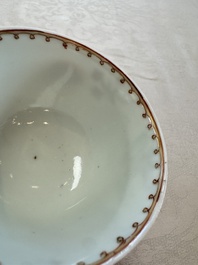 Three sets of Chinese famille rose 'Elegant Beauty and Boy' cups and saucers, Qianlong