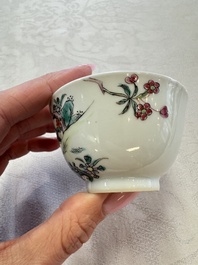 Three sets of Chinese famille rose 'Elegant Beauty and Boy' cups and saucers, Qianlong