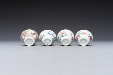 Four Chinese famille rose cups and saucers, Yongzheng/Qianlong
