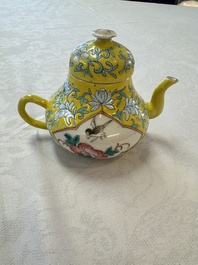 Three Chinese famille rose blue- and yellow-ground teapots and covers for the Straits or Peranakan market, Tongzhi marks, 19th C.