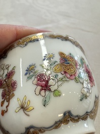 A fine Chinese Canton famille rose gilt-decorated cup and saucer with figural design, Yongzheng/Qianlong