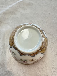 A fine Chinese Canton famille rose gilt-decorated cup and saucer with figural design, Yongzheng/Qianlong