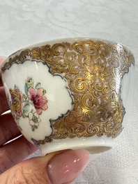 A fine Chinese Canton famille rose gilt-decorated cup and saucer with figural design, Yongzheng/Qianlong