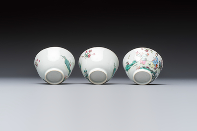 Three sets of Chinese famille rose 'Elegant Beauty and Boy' cups and saucers, Qianlong