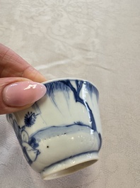 Six Chinese blue and white 'Scholar in a Garden' cups and saucers, Yongzheng