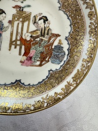 A fine Chinese Canton famille rose gilt-decorated cup and saucer with figural design, Yongzheng/Qianlong