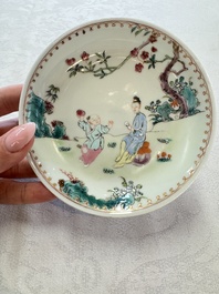 Three sets of Chinese famille rose 'Elegant Beauty and Boy' cups and saucers, Qianlong