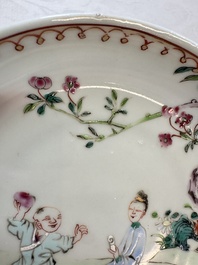 Three sets of Chinese famille rose 'Elegant Beauty and Boy' cups and saucers, Qianlong