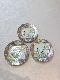 Three fine Chinese famille rose 'Xi Xiang Ji' plates, Yongzheng