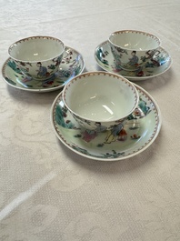 Three sets of Chinese famille rose 'Elegant Beauty and Boy' cups and saucers, Qianlong