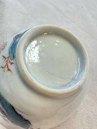 Three sets of Chinese famille rose 'Elegant Beauty and Boy' cups and saucers, Qianlong