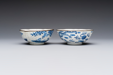 Four Chinese blue and white 'Bleu de Hue' cups and two bowls, various marks, 19th C.