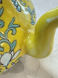 Three Chinese famille rose blue- and yellow-ground teapots and covers for the Straits or Peranakan market, Tongzhi marks, 19th C.
