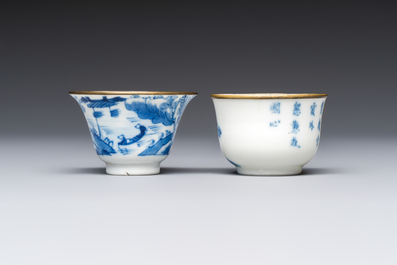 Four Chinese blue and white 'Bleu de Hue' cups and two bowls, various marks, 19th C.