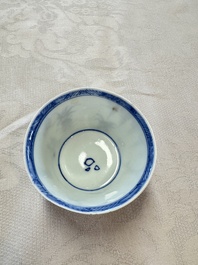 Six Chinese blue and white 'Scholar in a Garden' cups and saucers, Yongzheng