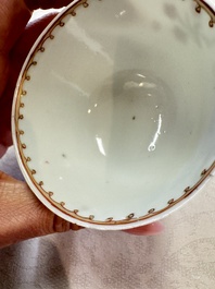 Three sets of Chinese famille rose 'Elegant Beauty and Boy' cups and saucers, Qianlong