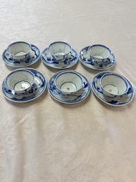 Six Chinese blue and white 'Scholar in a Garden' cups and saucers, Yongzheng