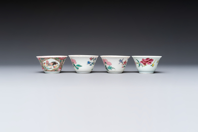 Four Chinese famille rose cups and saucers, Yongzheng/Qianlong