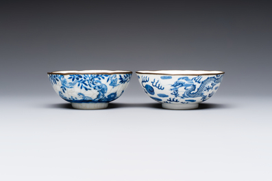 Four Chinese blue and white 'Bleu de Hue' cups and two bowls, various marks, 19th C.