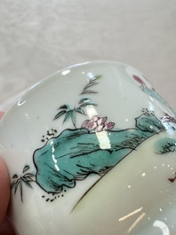 Three sets of Chinese famille rose 'Elegant Beauty and Boy' cups and saucers, Qianlong