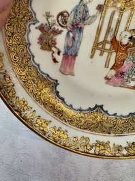 A fine Chinese Canton famille rose gilt-decorated cup and saucer with figural design, Yongzheng/Qianlong