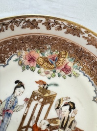 A fine Chinese Canton famille rose gilt-decorated cup and saucer with figural design, Yongzheng/Qianlong