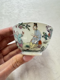Three sets of Chinese famille rose 'Elegant Beauty and Boy' cups and saucers, Qianlong