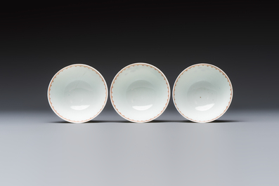 Three sets of Chinese famille rose 'Elegant Beauty and Boy' cups and saucers, Qianlong