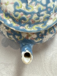 Three Chinese famille rose blue- and yellow-ground teapots and covers for the Straits or Peranakan market, Tongzhi marks, 19th C.
