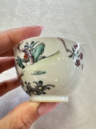 Three sets of Chinese famille rose 'Elegant Beauty and Boy' cups and saucers, Qianlong