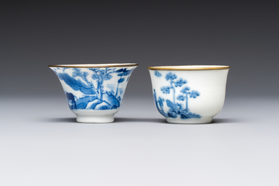 Four Chinese blue and white 'Bleu de Hue' cups and two bowls, various marks, 19th C.